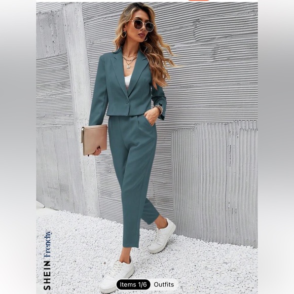 SHEIN solid single button crop blazer and slant pocket tailored pants. - Picture 2 of 2